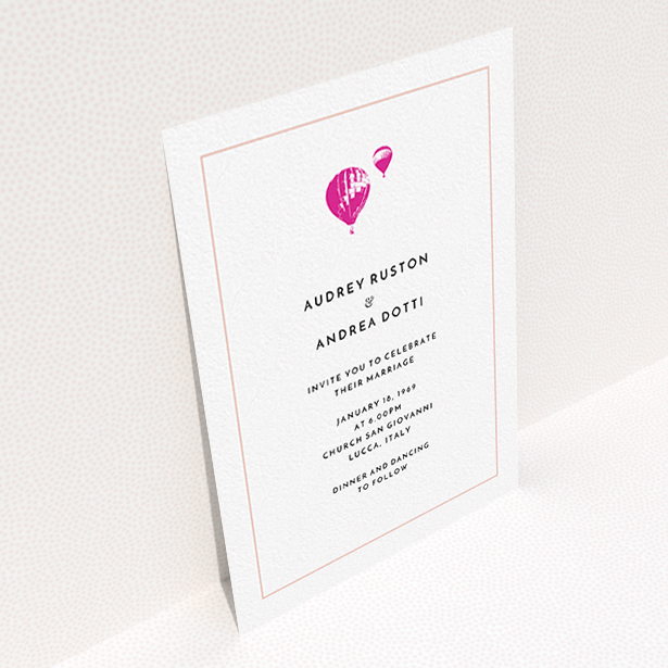 A personalised wedding invitation design titled "Off and away". It is an A6 invite in a portrait orientation. "Off and away" is available as a flat invite, with tones of white and pink.