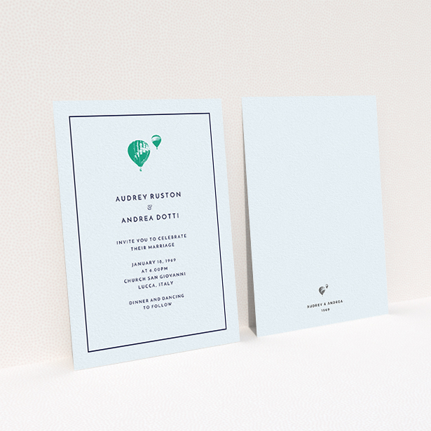 A personalised wedding invitation named "Off and away". It is an A6 invite in a portrait orientation. "Off and away" is available as a flat invite, with mainly white colouring.