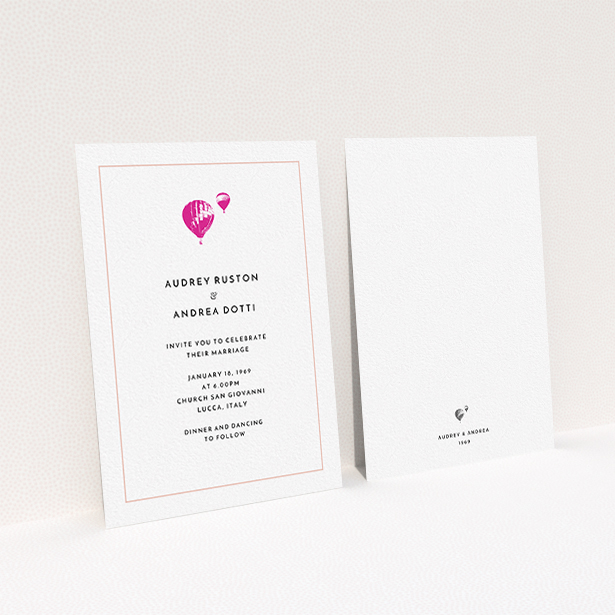 A personalised wedding invitation design titled "Off and away". It is an A6 invite in a portrait orientation. "Off and away" is available as a flat invite, with tones of white and pink.