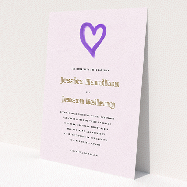 A personalised wedding invitation design called 'One little heart'. It is an A6 invite in a portrait orientation. 'One little heart' is available as a flat invite, with mainly purple/dark pink colouring.