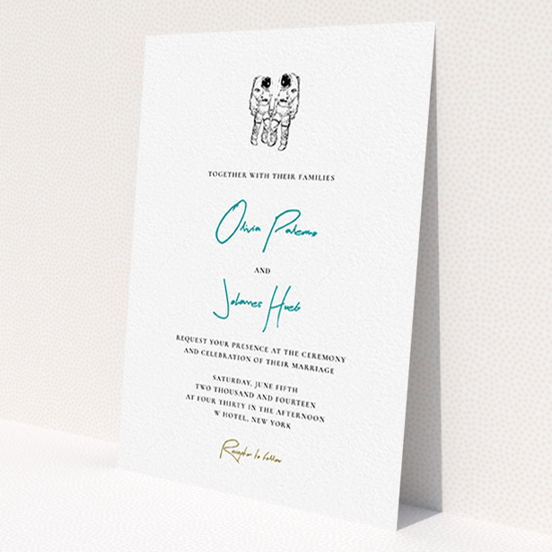 A personalised wedding invitation design named 'One small step'. It is an A6 invite in a portrait orientation. 'One small step' is available as a flat invite, with tones of white and blue.