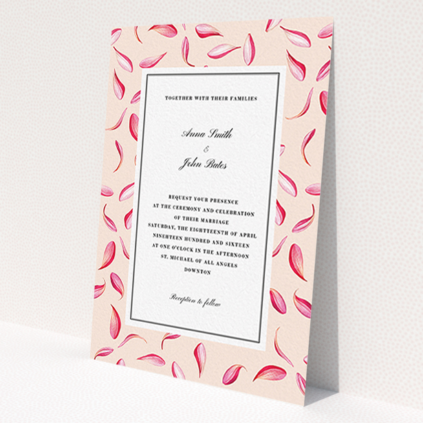 A personalised wedding invitation template titled 'Petal avalanche'. It is an A6 invite in a portrait orientation. 'Petal avalanche' is available as a flat invite, with tones of pink, red and white.