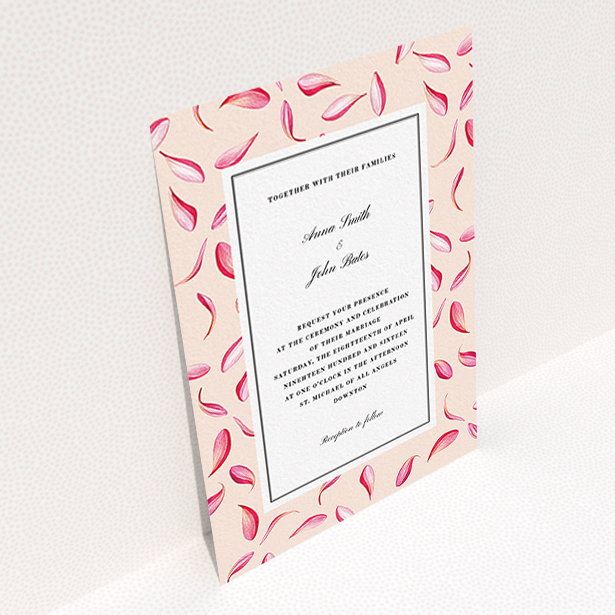 A personalised wedding invitation template titled "Petal avalanche". It is an A6 invite in a portrait orientation. "Petal avalanche" is available as a flat invite, with tones of pink, red and white.