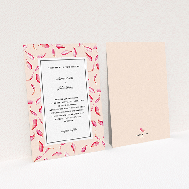 A personalised wedding invitation template titled "Petal avalanche". It is an A6 invite in a portrait orientation. "Petal avalanche" is available as a flat invite, with tones of pink, red and white.
