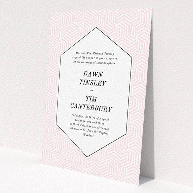 A personalised wedding invitation design called 'Pink geometric maze'. It is an A6 invite in a portrait orientation. 'Pink geometric maze' is available as a flat invite, with tones of pink and white.
