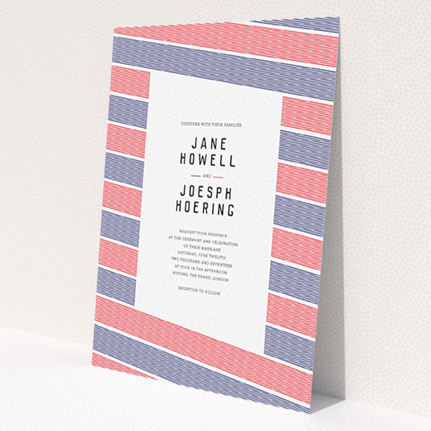 A personalised wedding invitation design called 'Preppy Lines'. It is an A6 invite in a portrait orientation. 'Preppy Lines' is available as a flat invite, with tones of red and navy blue.