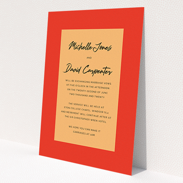 A personalised wedding invitation template titled 'Red on Orange'. It is an A6 invite in a portrait orientation. 'Red on Orange' is available as a flat invite, with tones of red and orange.