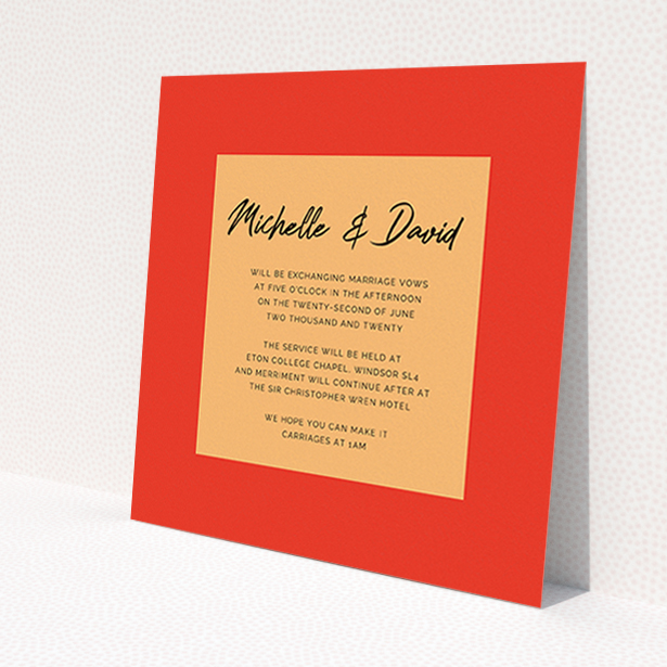 A personalised wedding invitation named 'Red on Orange'. It is a square (148mm x 148mm) invite in a square orientation. 'Red on Orange' is available as a flat invite, with tones of red and orange.