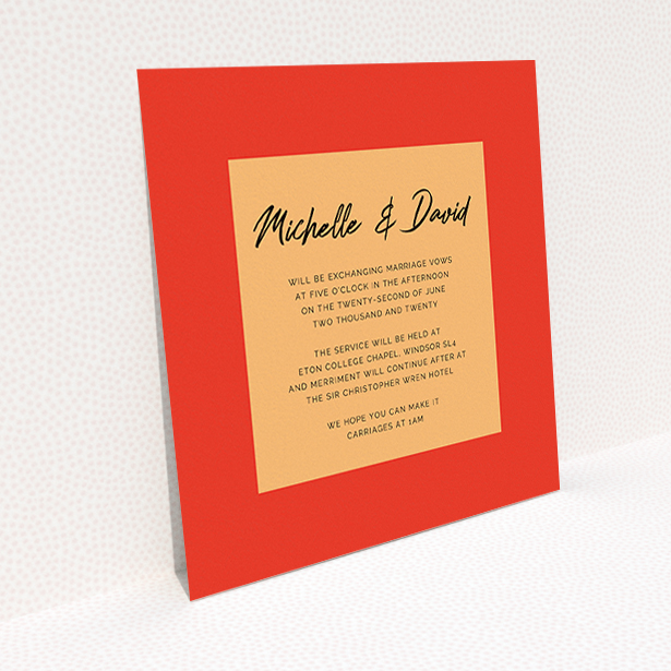 A personalised wedding invitation named "Red on Orange". It is a square (148mm x 148mm) invite in a square orientation. "Red on Orange" is available as a flat invite, with tones of red and orange.