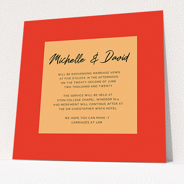 A personalised wedding invitation named "Red on Orange". It is a square (148mm x 148mm) invite in a square orientation. "Red on Orange" is available as a flat invite, with tones of red and orange.