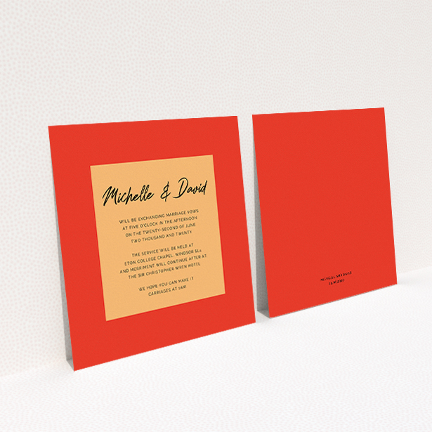 A personalised wedding invitation named "Red on Orange". It is a square (148mm x 148mm) invite in a square orientation. "Red on Orange" is available as a flat invite, with tones of red and orange.
