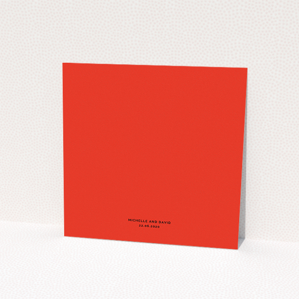 A personalised wedding invitation named "Red on Orange". It is a square (148mm x 148mm) invite in a square orientation. "Red on Orange" is available as a flat invite, with tones of red and orange.