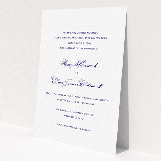 A personalised wedding invitation design called 'Right and Proper'. It is an A6 invite in a portrait orientation. 'Right and Proper' is available as a flat invite, with tones of white and navy blue.