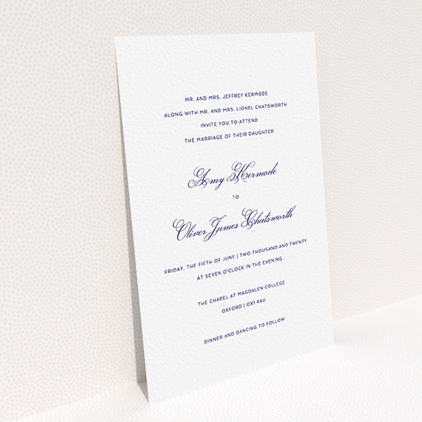 A personalised wedding invitation design called "Right and Proper". It is an A6 invite in a portrait orientation. "Right and Proper" is available as a flat invite, with tones of white and navy blue.