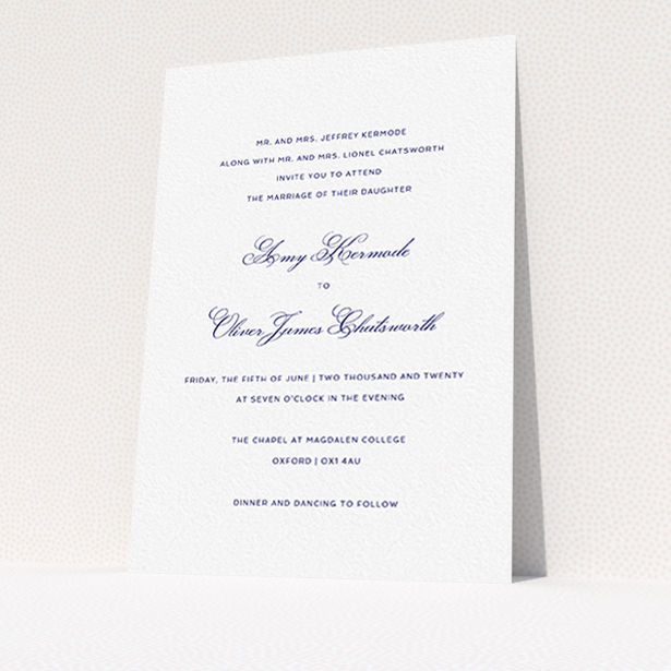A personalised wedding invitation design called "Right and Proper". It is an A6 invite in a portrait orientation. "Right and Proper" is available as a flat invite, with tones of white and navy blue.