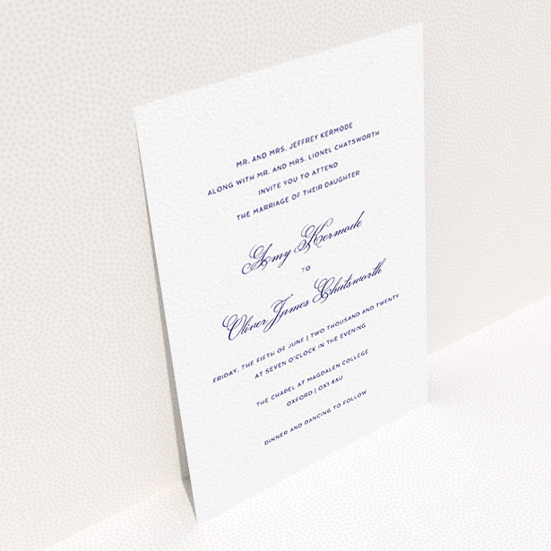 A personalised wedding invitation design called "Right and Proper". It is an A6 invite in a portrait orientation. "Right and Proper" is available as a flat invite, with tones of white and navy blue.