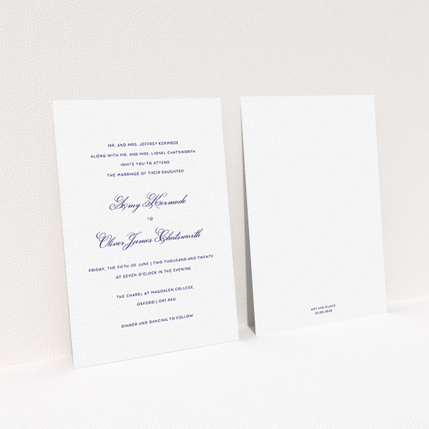 A personalised wedding invitation design called "Right and Proper". It is an A6 invite in a portrait orientation. "Right and Proper" is available as a flat invite, with tones of white and navy blue.