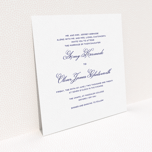 A personalised wedding invitation template titled "Right and Proper". It is a square (148mm x 148mm) invite in a square orientation. "Right and Proper" is available as a flat invite, with tones of white and navy blue.