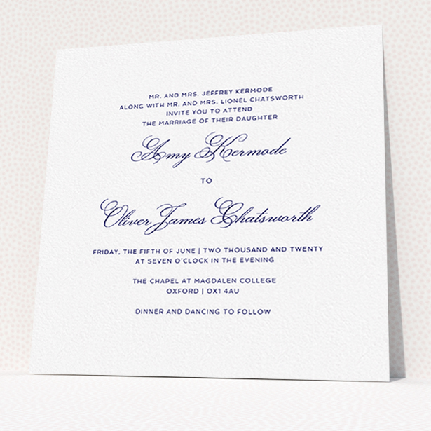 A personalised wedding invitation template titled "Right and Proper". It is a square (148mm x 148mm) invite in a square orientation. "Right and Proper" is available as a flat invite, with tones of white and navy blue.