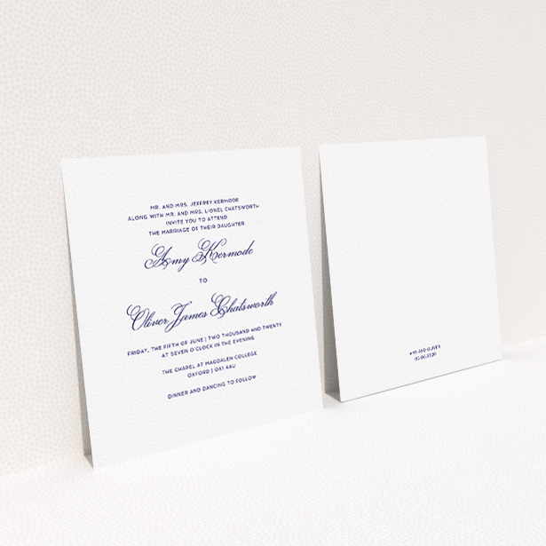 A personalised wedding invitation template titled "Right and Proper". It is a square (148mm x 148mm) invite in a square orientation. "Right and Proper" is available as a flat invite, with tones of white and navy blue.