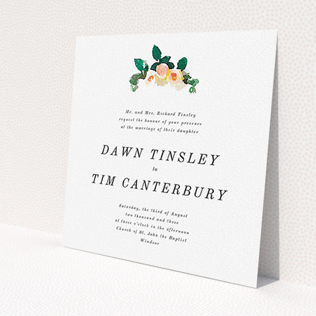A personalised wedding invitation template titled 'Rose bouquet'. It is a square (148mm x 148mm) invite in a square orientation. 'Rose bouquet' is available as a flat invite, with tones of white and green.