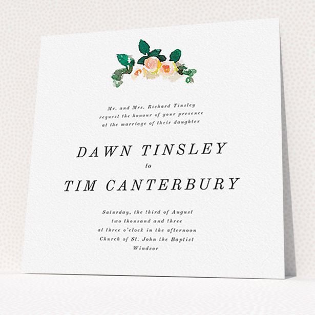 A personalised wedding invitation template titled "Rose bouquet". It is a square (148mm x 148mm) invite in a square orientation. "Rose bouquet" is available as a flat invite, with tones of white and green.