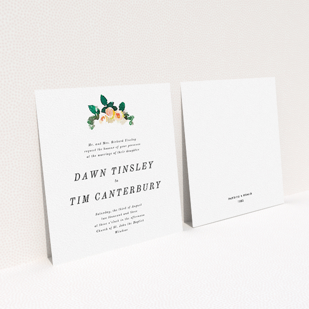 A personalised wedding invitation template titled "Rose bouquet". It is a square (148mm x 148mm) invite in a square orientation. "Rose bouquet" is available as a flat invite, with tones of white and green.