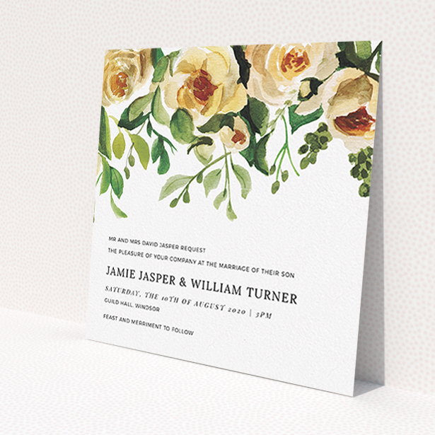 A personalised wedding invitation design called 'Rose Garden Wall'. It is a square (148mm x 148mm) invite in a square orientation. 'Rose Garden Wall' is available as a flat invite, with mainly pink colouring.