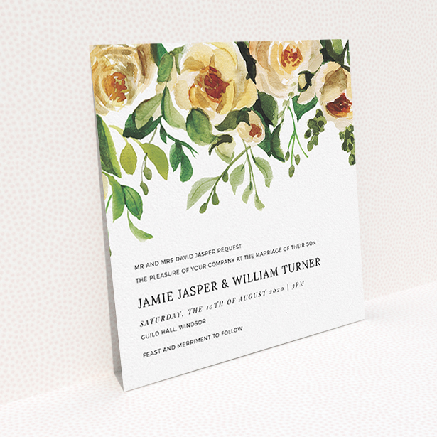 A personalised wedding invitation design called "Rose Garden Wall". It is a square (148mm x 148mm) invite in a square orientation. "Rose Garden Wall" is available as a flat invite, with mainly pink colouring.