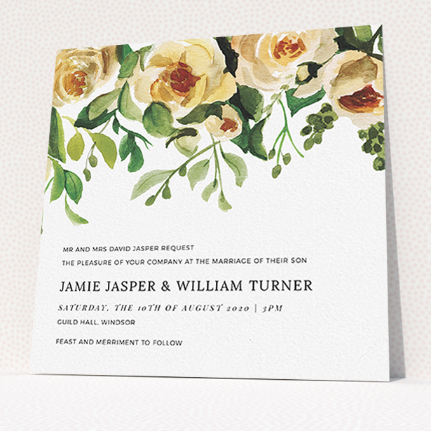 A personalised wedding invitation design called "Rose Garden Wall". It is a square (148mm x 148mm) invite in a square orientation. "Rose Garden Wall" is available as a flat invite, with mainly pink colouring.