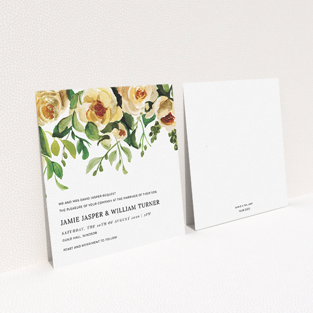 A personalised wedding invitation design called "Rose Garden Wall". It is a square (148mm x 148mm) invite in a square orientation. "Rose Garden Wall" is available as a flat invite, with mainly pink colouring.