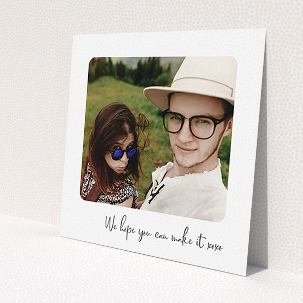 A personalised wedding invitation called 'Rounded Landscape Photo'. It is a square (148mm x 148mm) invite in a square orientation. It is a photographic personalised wedding invitation with room for 1 photo. 'Rounded Landscape Photo' is available as a flat invite, with mainly white colouring.