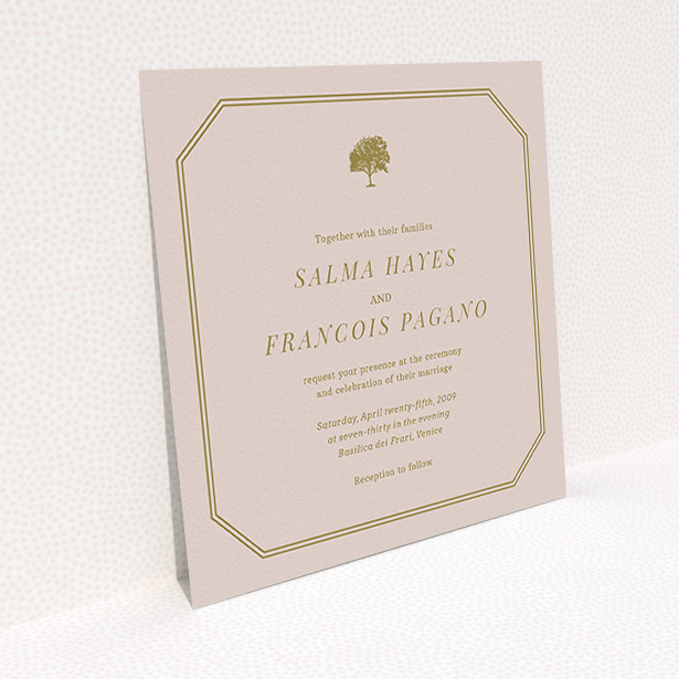 A personalised wedding invitation called "Royal oak". It is a square (148mm x 148mm) invite in a square orientation. "Royal oak" is available as a flat invite, with mainly dark cream colouring.