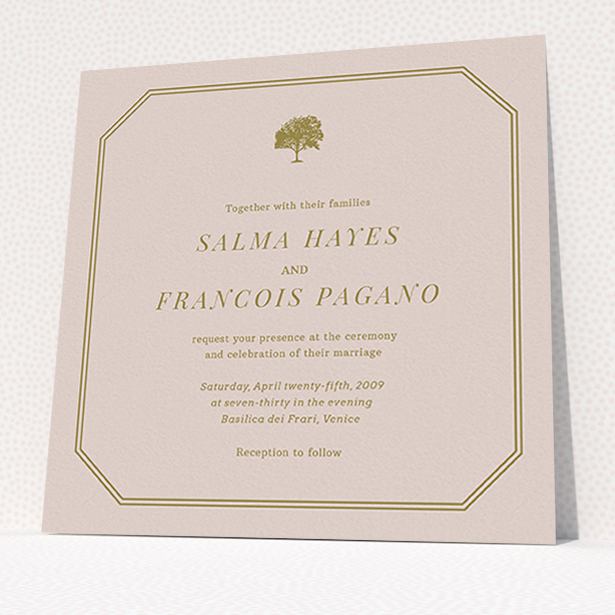 A personalised wedding invitation called "Royal oak". It is a square (148mm x 148mm) invite in a square orientation. "Royal oak" is available as a flat invite, with mainly dark cream colouring.