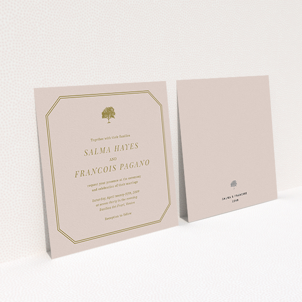A personalised wedding invitation called "Royal oak". It is a square (148mm x 148mm) invite in a square orientation. "Royal oak" is available as a flat invite, with mainly dark cream colouring.