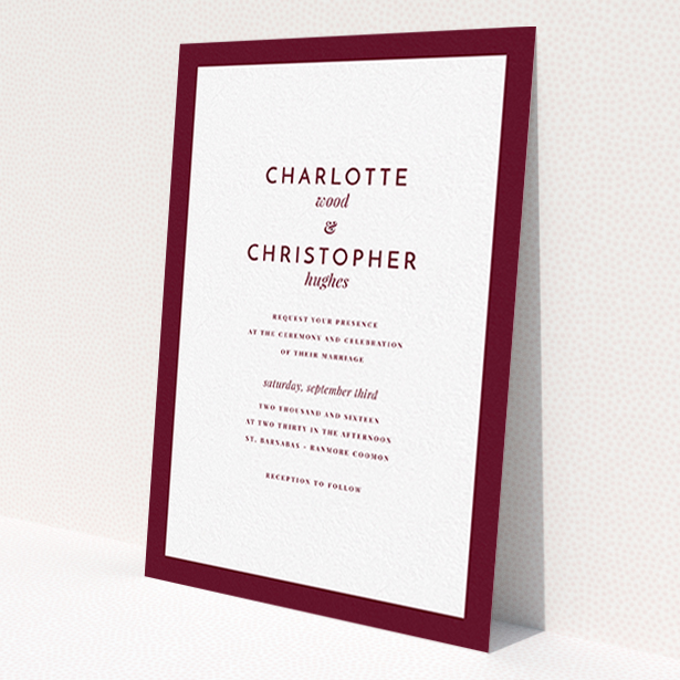 A personalised wedding invitation design named 'Script switch'. It is an A6 invite in a portrait orientation. 'Script switch' is available as a flat invite, with tones of burgundy and white.