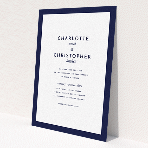 A personalised wedding invitation design titled 'Script switch'. It is an A6 invite in a portrait orientation. 'Script switch' is available as a flat invite, with tones of navy blue and white.
