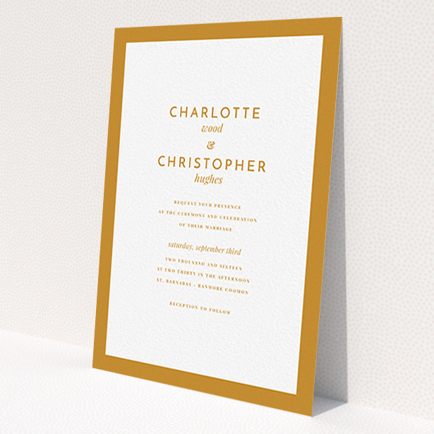 A personalised wedding invitation design titled 'Script switch'. It is an A6 invite in a portrait orientation. 'Script switch' is available as a flat invite, with tones of orange and white.
