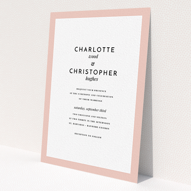 A personalised wedding invitation called 'Script switch'. It is an A6 invite in a portrait orientation. 'Script switch' is available as a flat invite, with tones of pink and white.