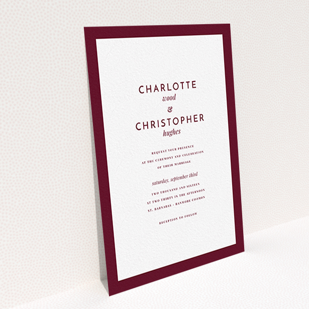 A personalised wedding invitation design named "Script switch". It is an A6 invite in a portrait orientation. "Script switch" is available as a flat invite, with tones of burgundy and white.
