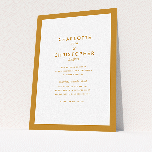 A personalised wedding invitation design titled "Script switch". It is an A6 invite in a portrait orientation. "Script switch" is available as a flat invite, with tones of orange and white.