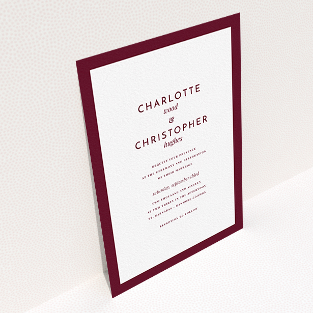 A personalised wedding invitation design named "Script switch". It is an A6 invite in a portrait orientation. "Script switch" is available as a flat invite, with tones of burgundy and white.