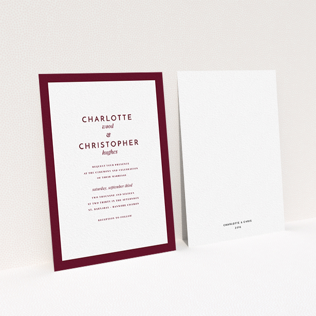 A personalised wedding invitation design named "Script switch". It is an A6 invite in a portrait orientation. "Script switch" is available as a flat invite, with tones of burgundy and white.
