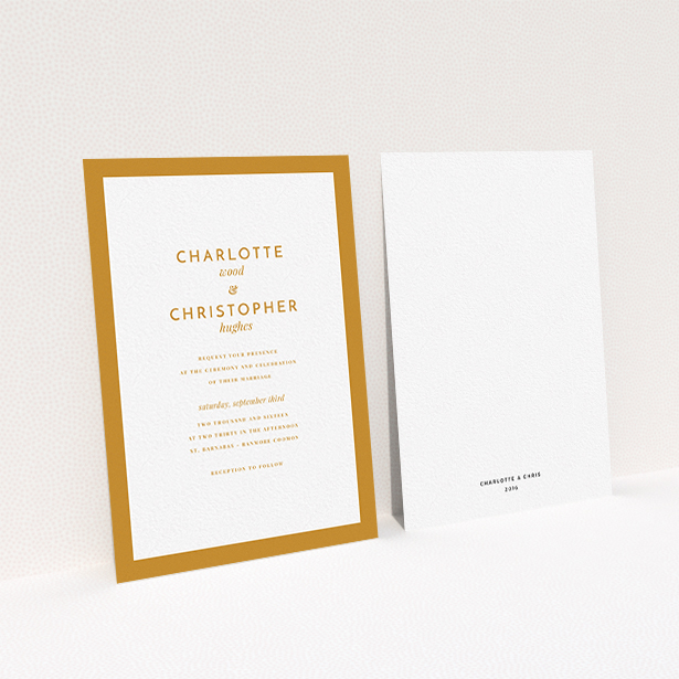 A personalised wedding invitation design titled "Script switch". It is an A6 invite in a portrait orientation. "Script switch" is available as a flat invite, with tones of orange and white.