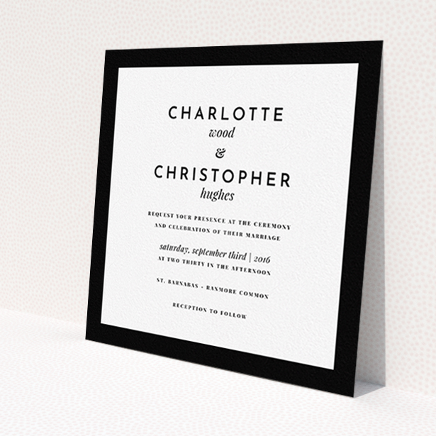 A personalised wedding invitation design titled 'Script switch'. It is a square (148mm x 148mm) invite in a square orientation. 'Script switch' is available as a flat invite, with tones of black and white.