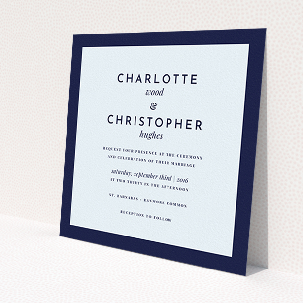 A personalised wedding invitation called 'Script switch'. It is a square (148mm x 148mm) invite in a square orientation. 'Script switch' is available as a flat invite, with mainly blue colouring.