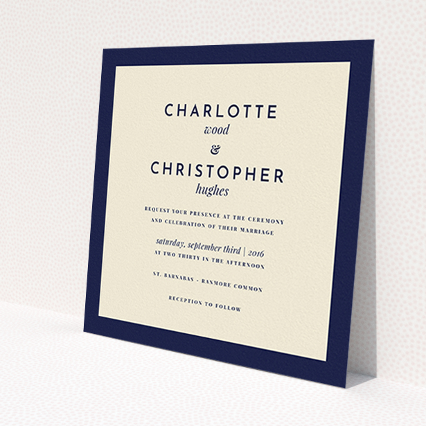 A personalised wedding invitation design titled 'Script switch'. It is a square (148mm x 148mm) invite in a square orientation. 'Script switch' is available as a flat invite, with tones of cream and navy blue.