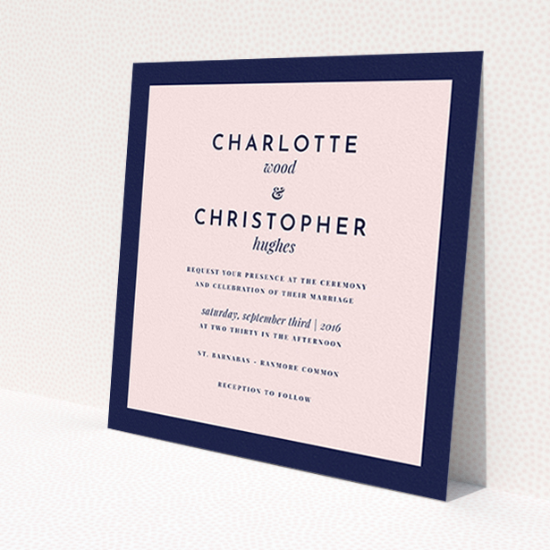 A personalised wedding invitation called 'Script switch'. It is a square (148mm x 148mm) invite in a square orientation. 'Script switch' is available as a flat invite, with tones of navy blue and pink.