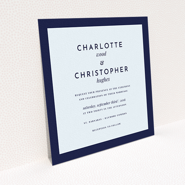 A personalised wedding invitation called "Script switch". It is a square (148mm x 148mm) invite in a square orientation. "Script switch" is available as a flat invite, with mainly blue colouring.