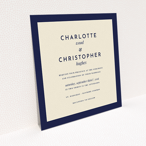 A personalised wedding invitation design titled "Script switch". It is a square (148mm x 148mm) invite in a square orientation. "Script switch" is available as a flat invite, with tones of cream and navy blue.